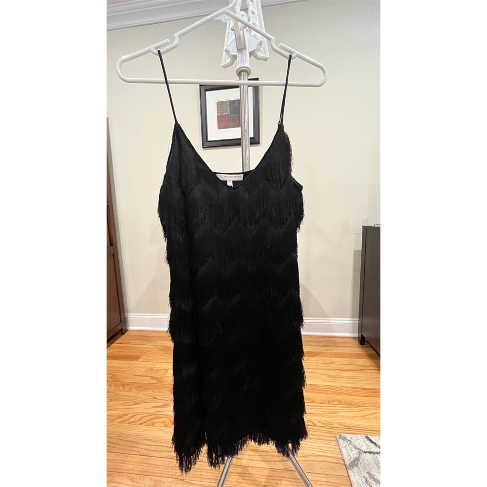 Lavender Brown, Black Great Gatsby Theme Inspired Fringe Layered Mini Dress